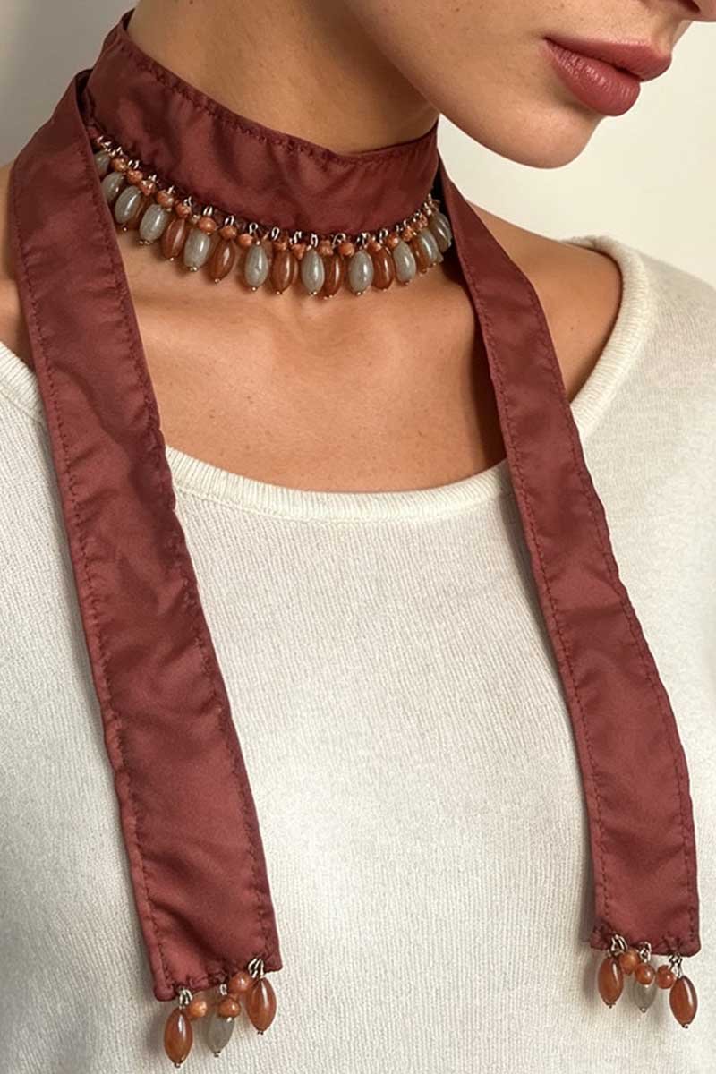 Beaded Fringe Satin Neck Scarf