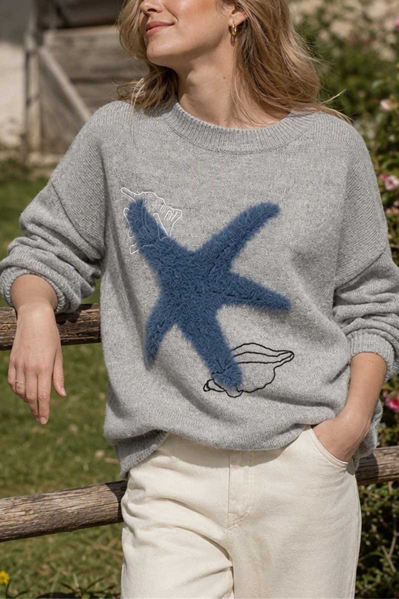 Fuzzy Star Graphic Crew Neck Sweater