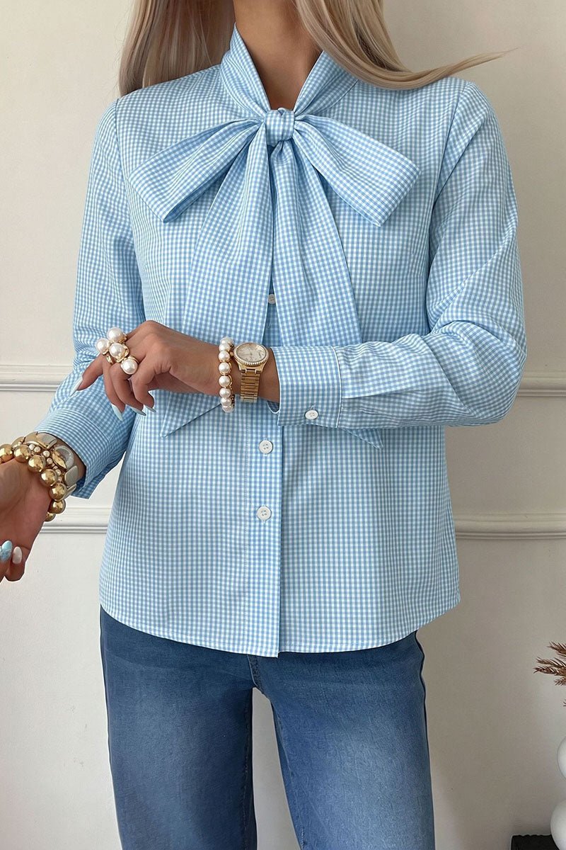 Plaid Bow Tie Neck Long Sleeve Shirt