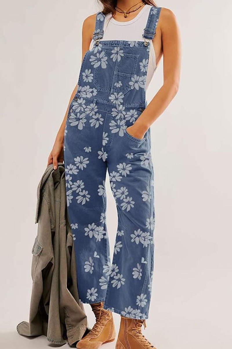 Floral Print Wide Leg Denim Overalls