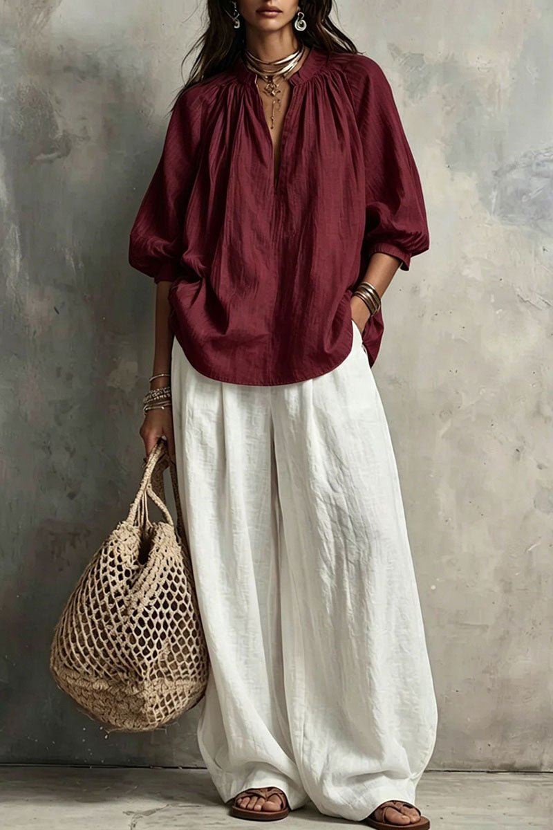 Puff Sleeve V-Neck Wide Leg Pants Set