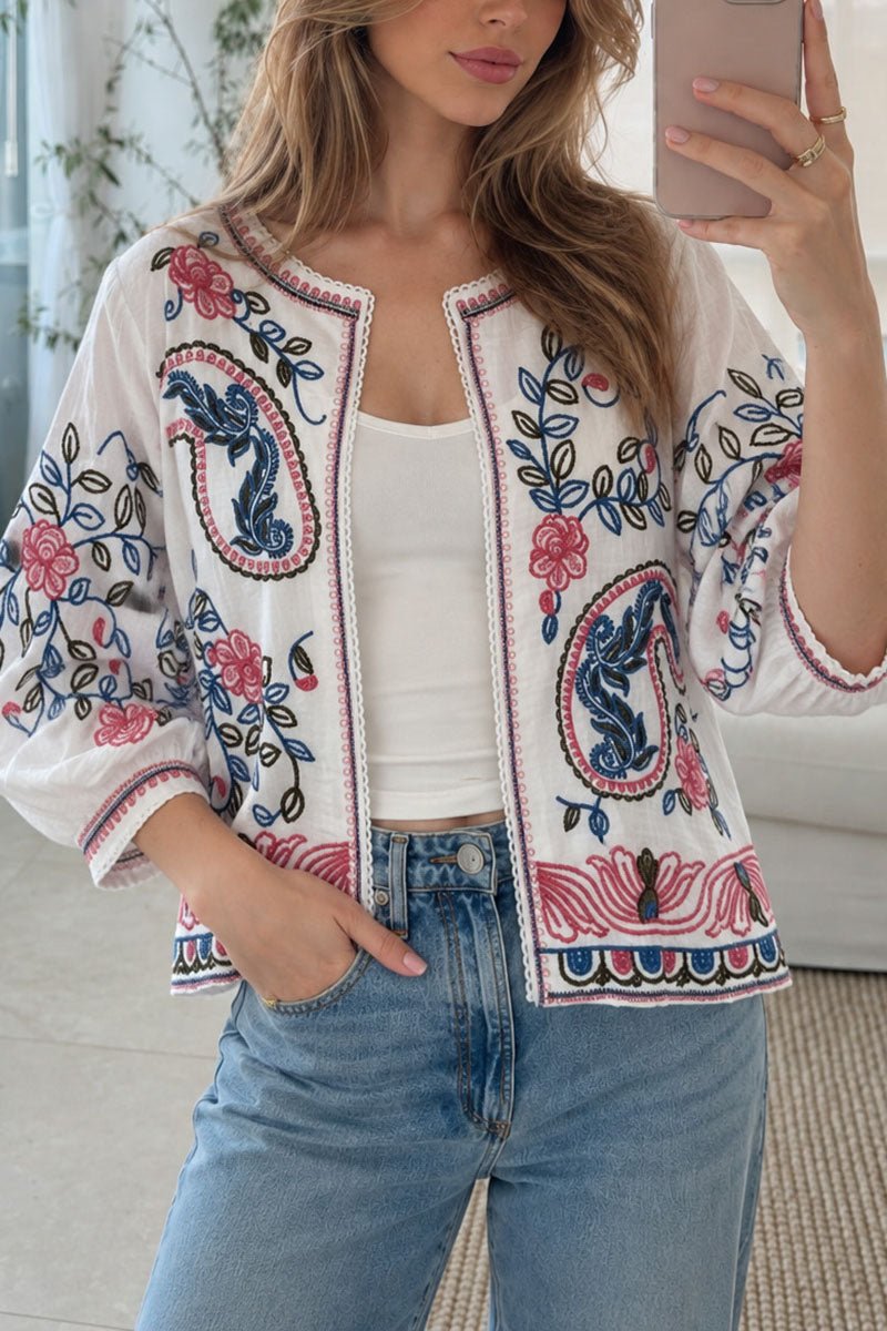Floral Puff Sleeve Open Front Blouse