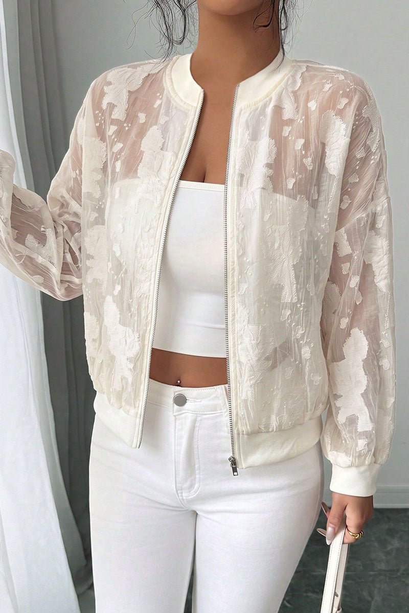 Sheer Floral Zip Front Bomber Jacket