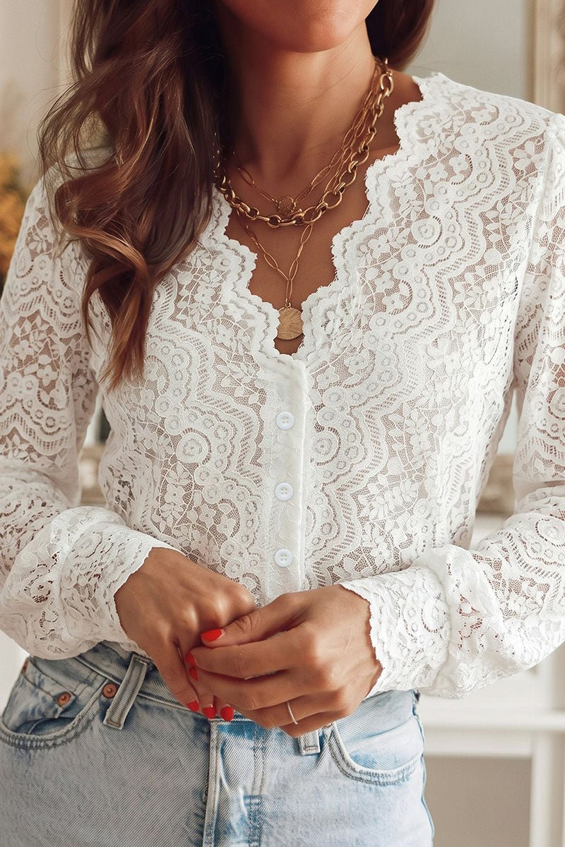 Floral Lace V-Neck Long Sleeve Blouse