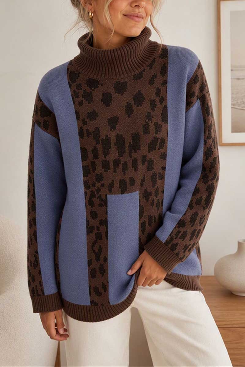 Leopard Print Ribbed Turtleneck Sweater