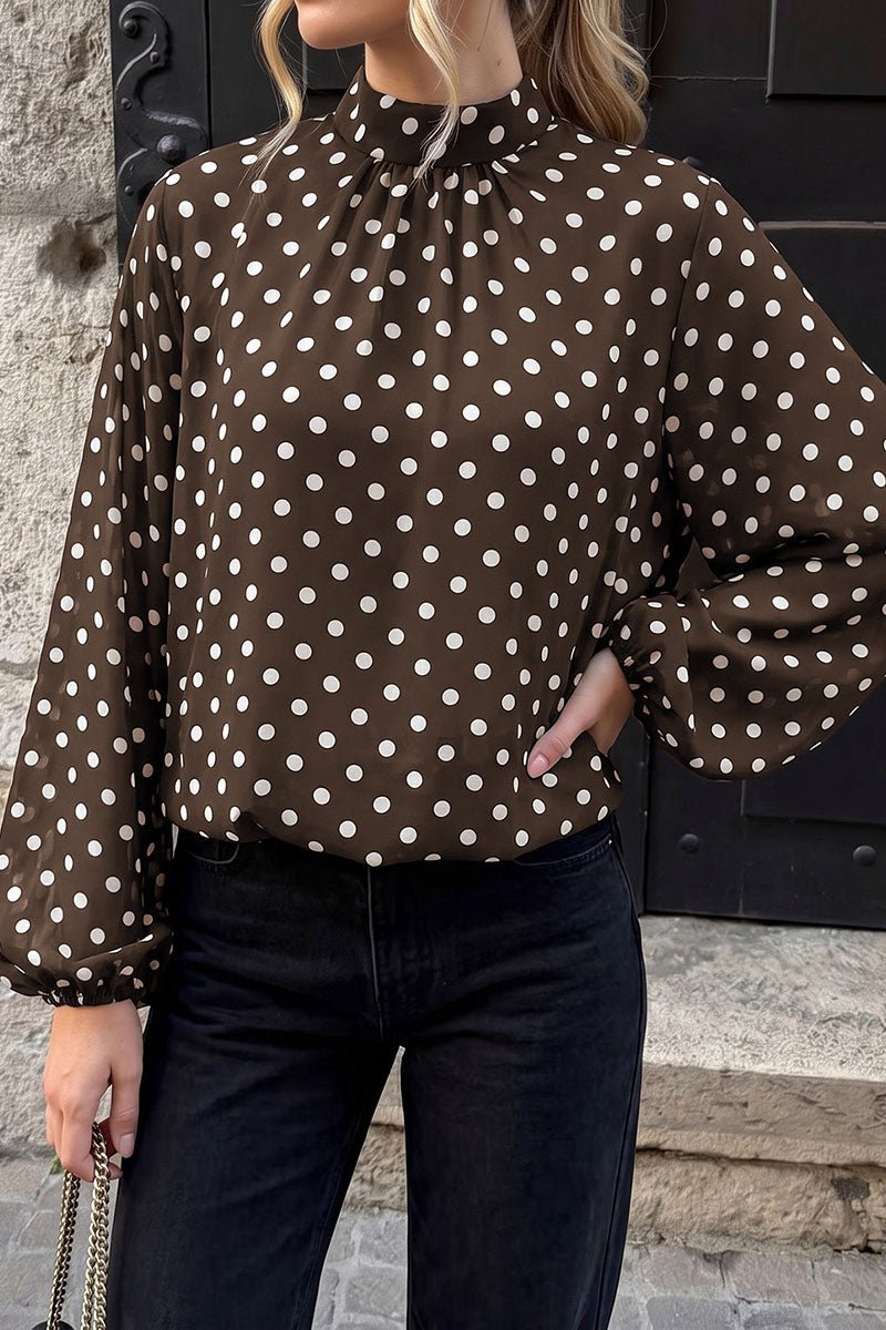 Sheer Polka Dot Mock Neck Puff Sleeve Blouse