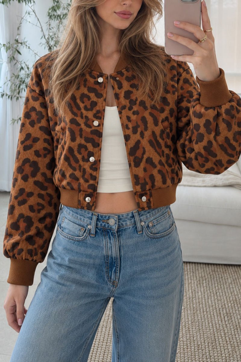 Leopard Print Ribbed Trim Bomber Jacket