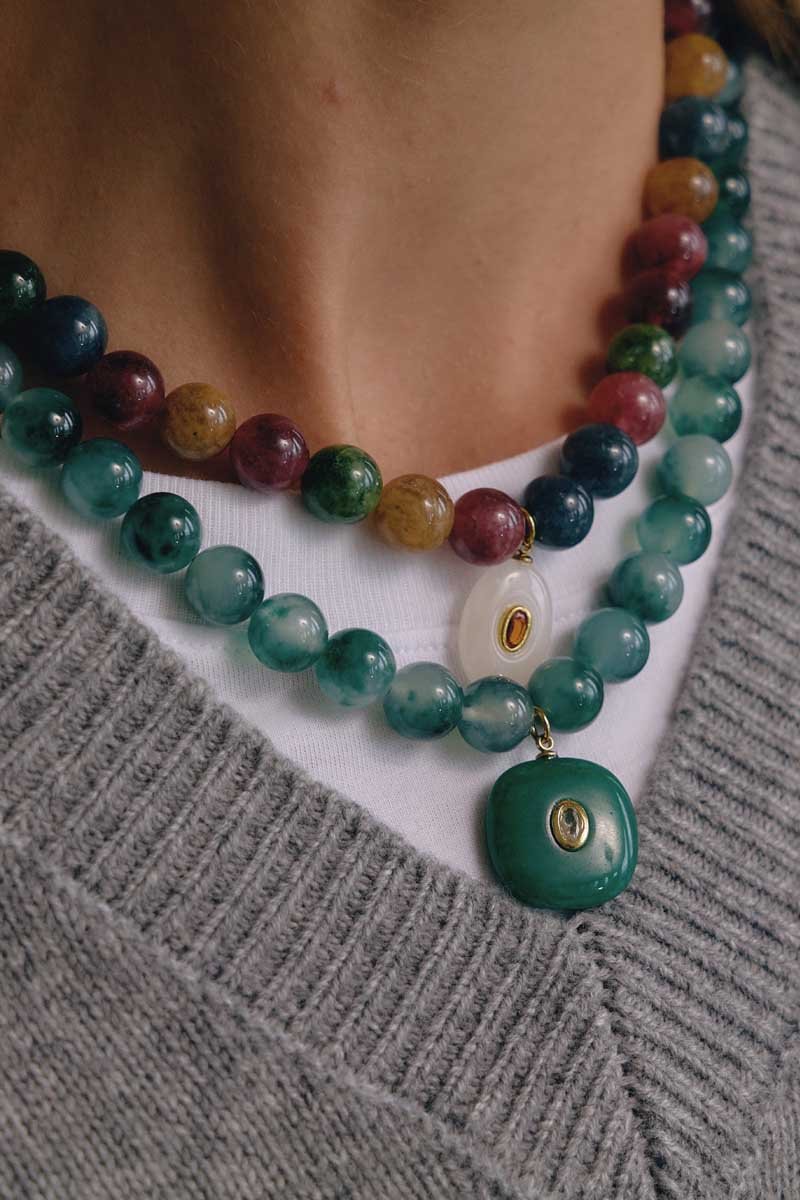 Polished Stone Bead Necklace with Gem Pendant