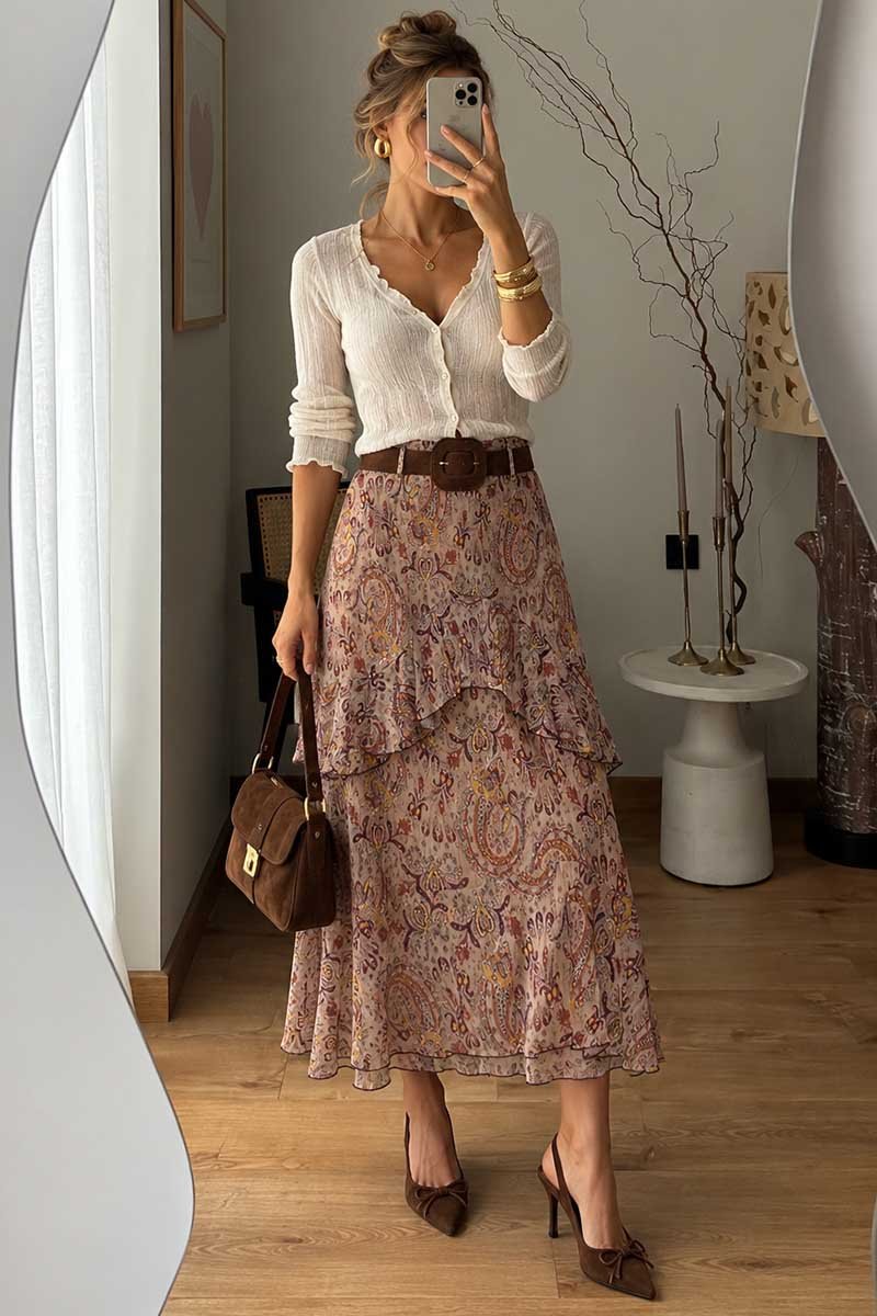 Paisley Ruffle Tiered Midi Skirt