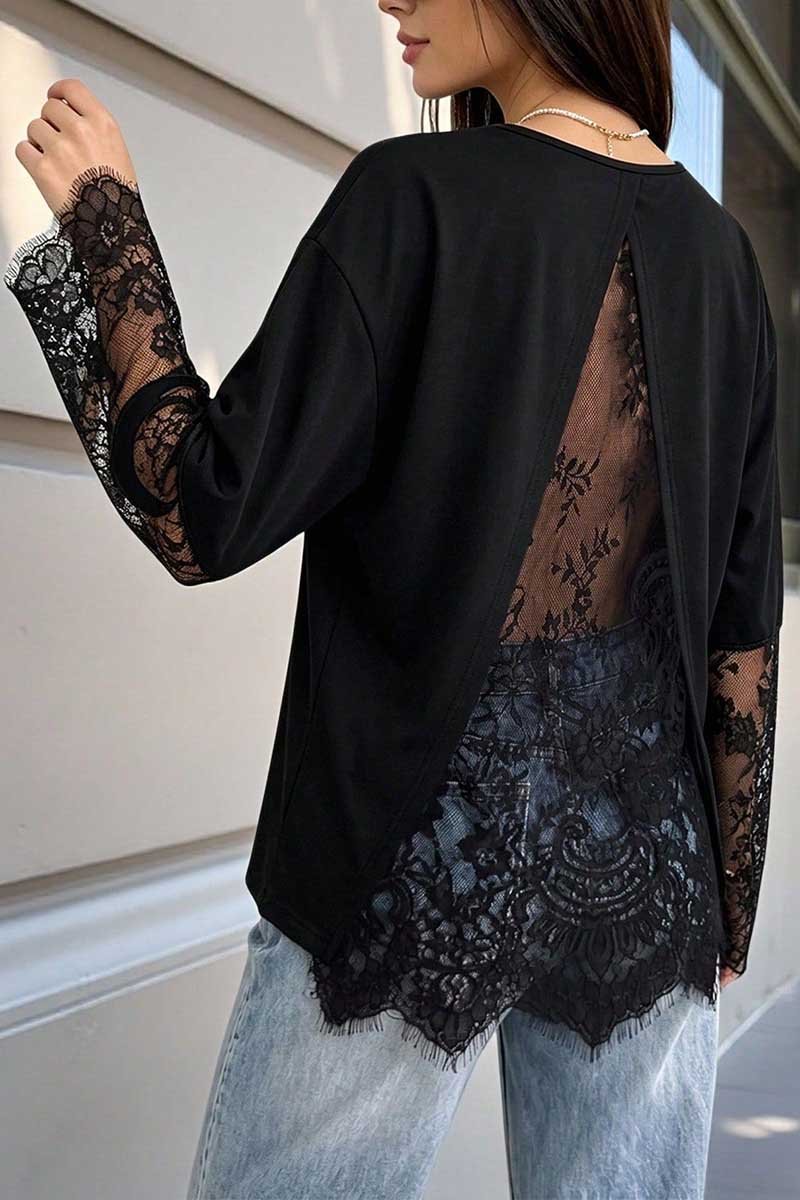 Lace Sleeve Open Back Long Sleeve Top