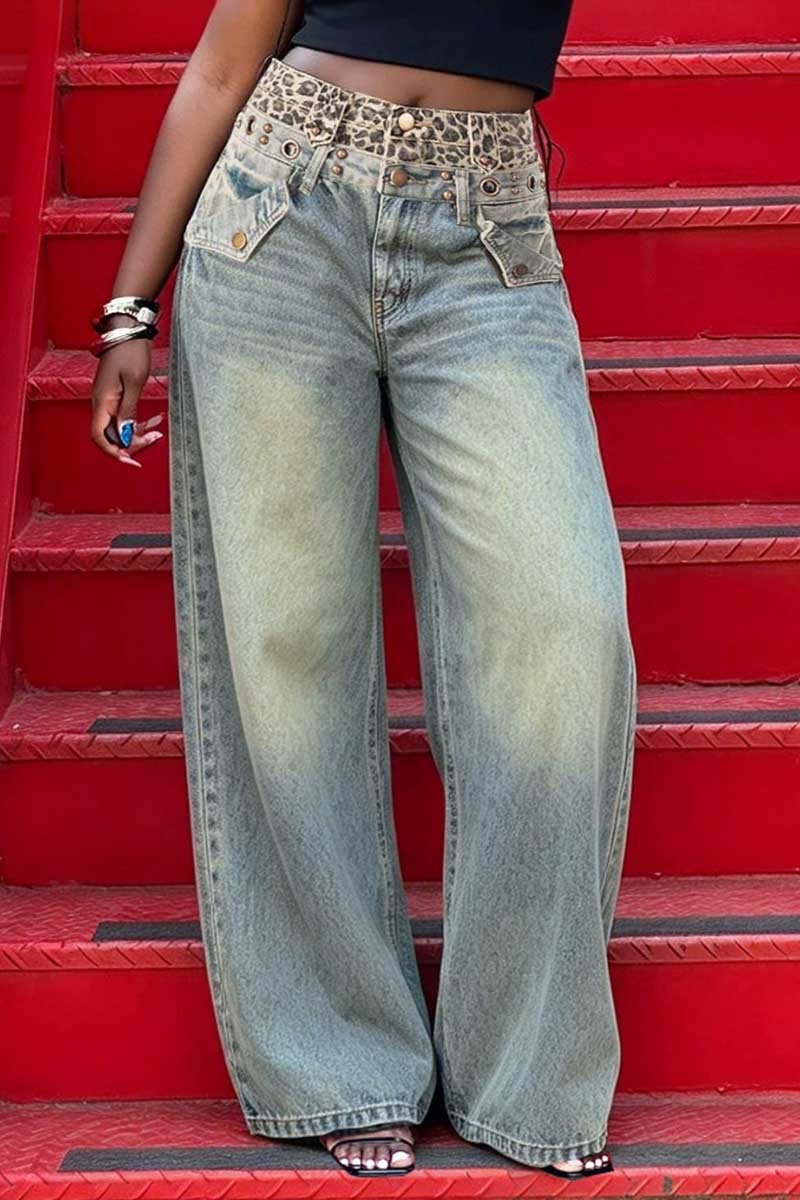 Leopard Waist Wide Leg Baggy Jeans