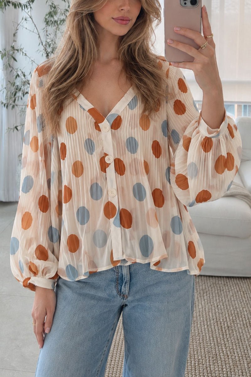 Polka Dot Pleated V-Neck Long Sleeve Blouse