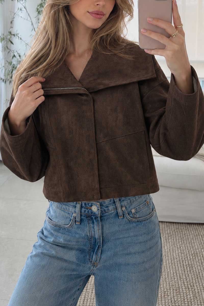 Wide Collar Zipper Detail Suede Jacket