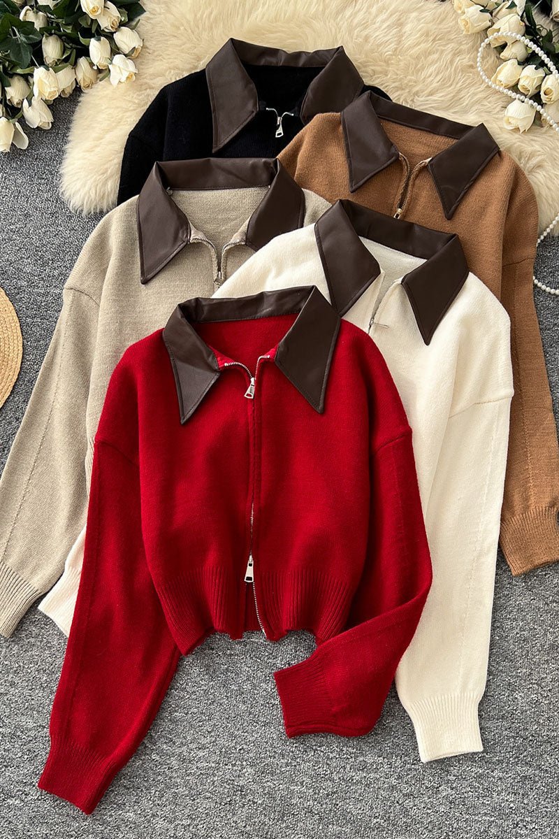 Faux Leather Collar Zip Front Knit Cardigan