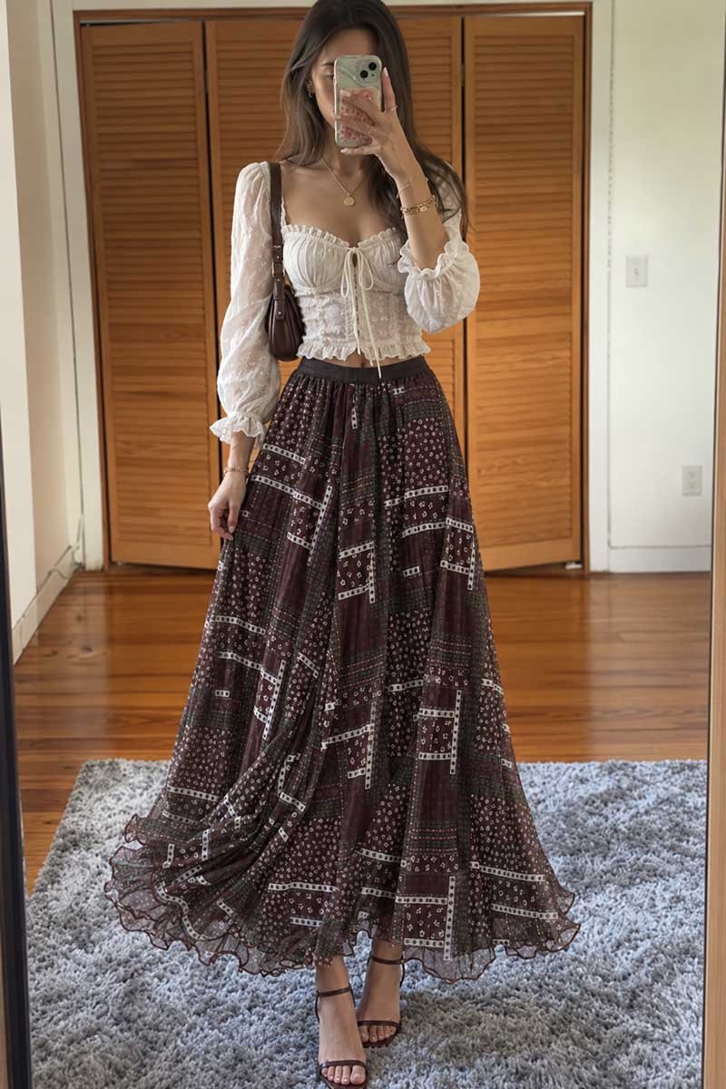 Geometric Print Pleated Ruffle Hem Midi Skirt