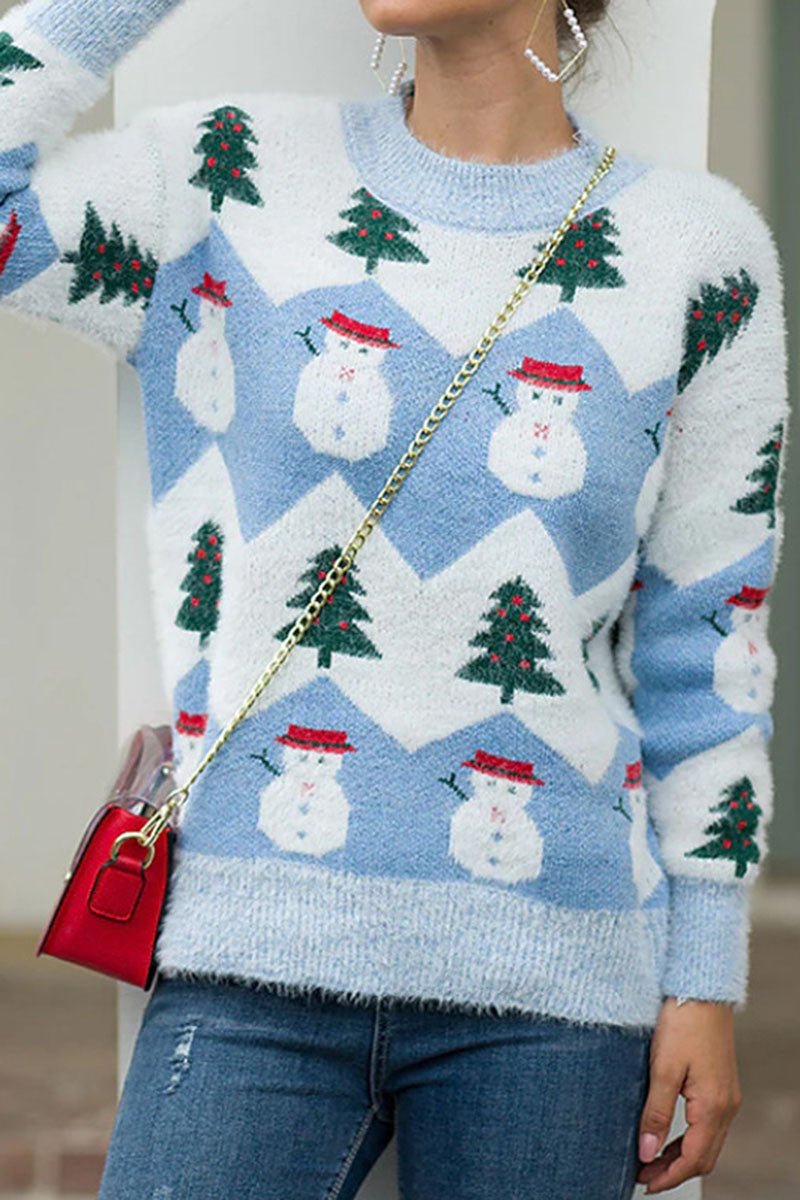 Snowman Print Crew Neck Fuzzy Sweater