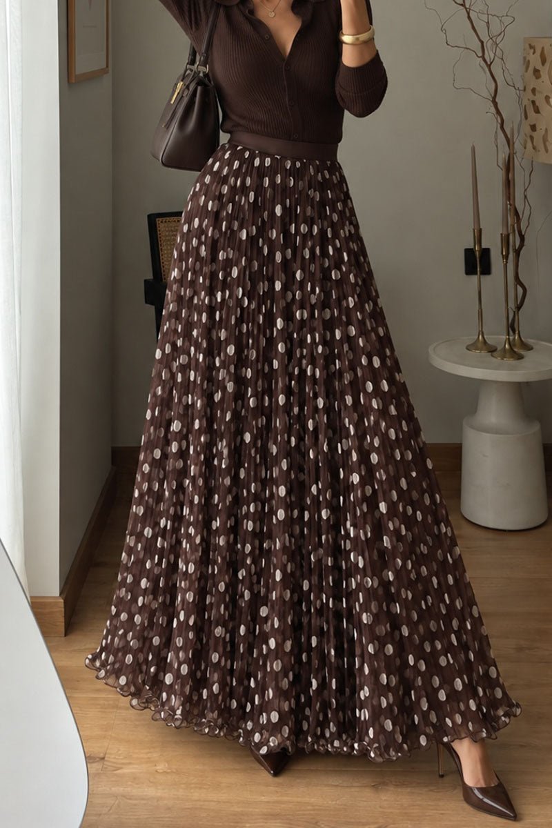Polka Dot Pleated Mesh Midi Skirt