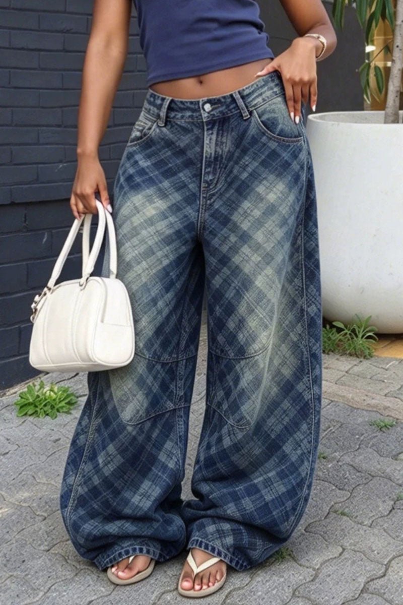 Vintage Plaid Wide Leg Jeans