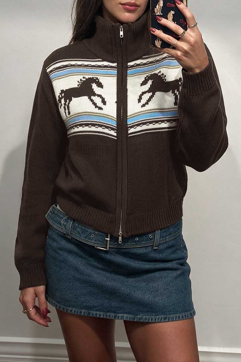Horse Motif Zip Front Ribbed Knit Cardigan