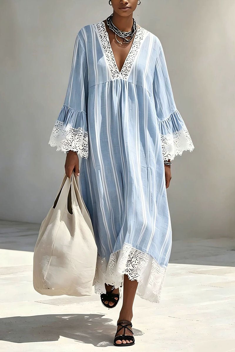 Striped Lace Bell Sleeve V-Neck Maxi Dress