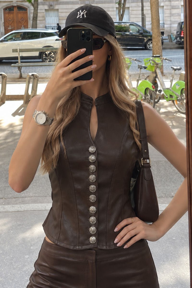 Mock Neck Button Front Sleeveless Vest