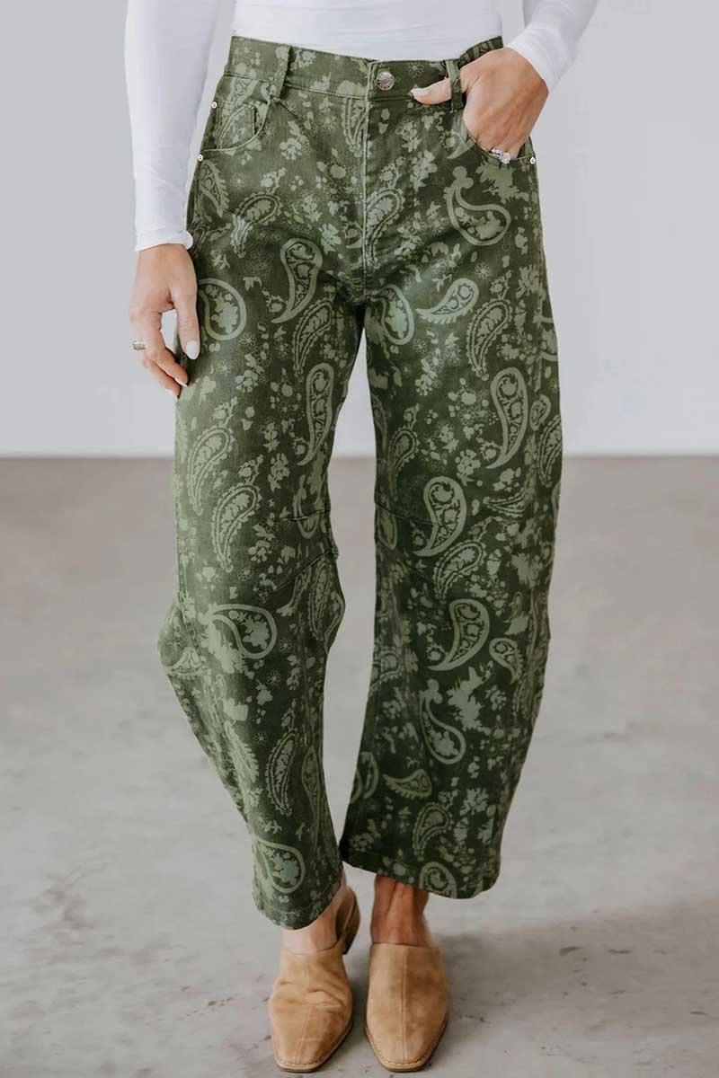 Paisley Print High-Waist Barrel Jeans