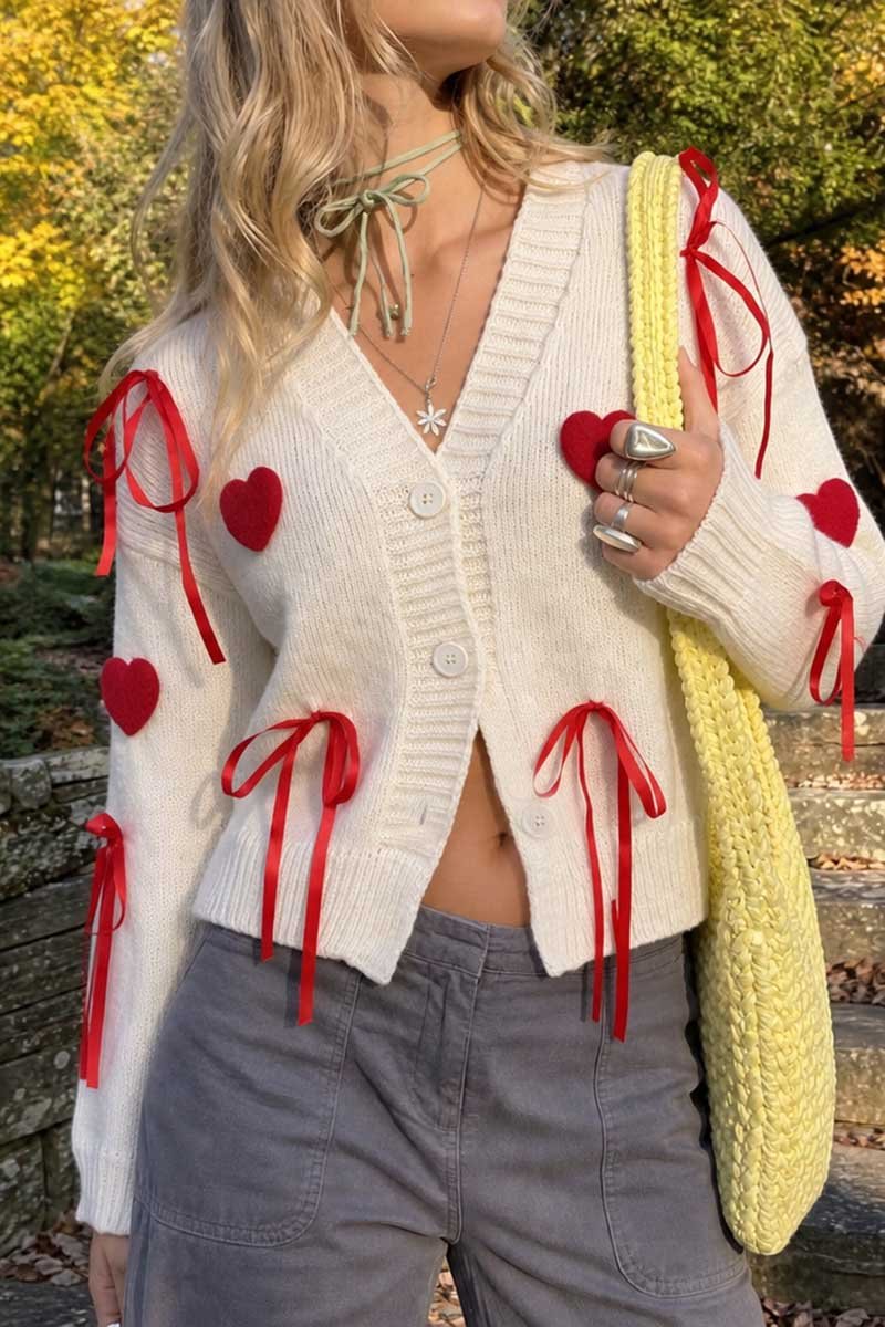 Heart Applique Ribbon Tie V-Neck Cardigan