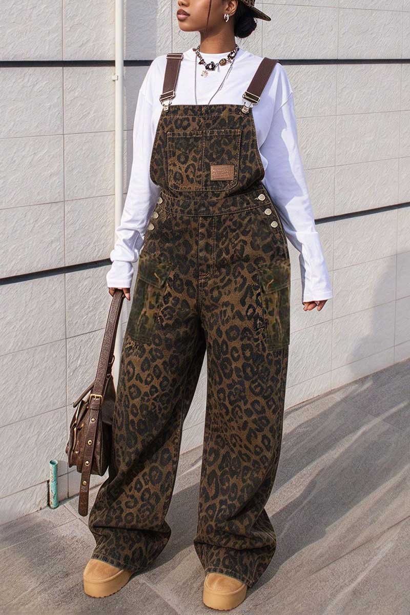 Leopard Print Wide Leg Denim Overalls