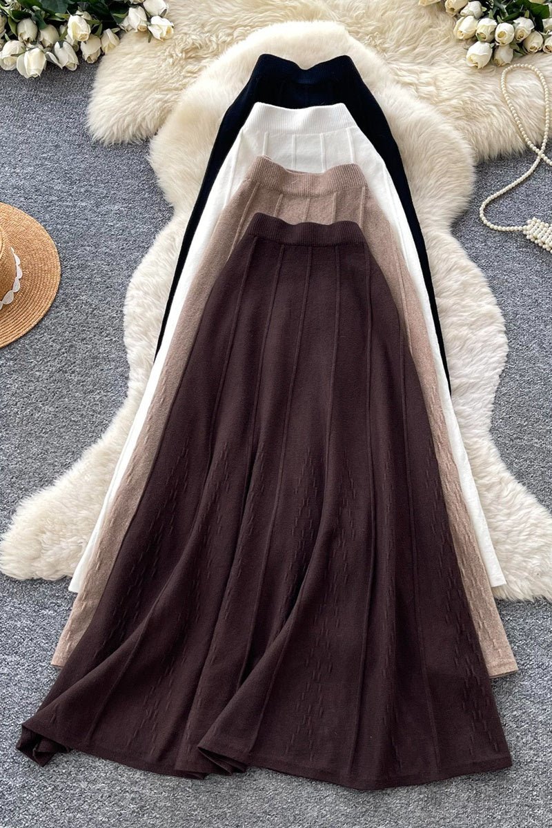 Ribbed Knit High-Waist A-Line Midi Skirt