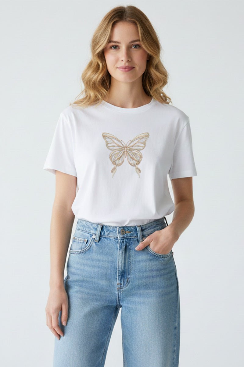 Golden Butterfly Embroidered T-Shirt