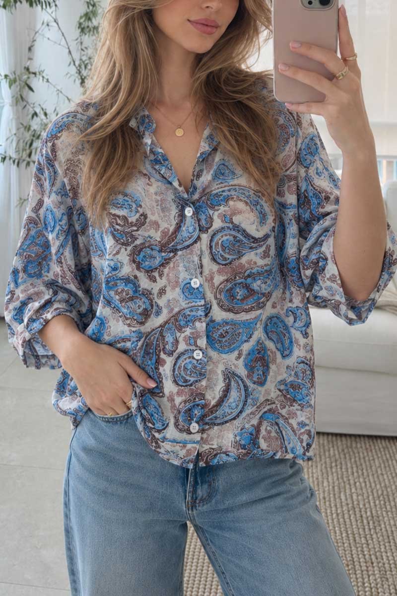 Paisley Print Puff Sleeve Button-Up Blouse