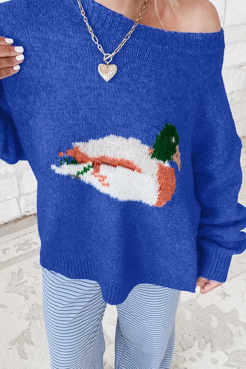 Off-Shoulder Duck Intarsia Knit Sweater