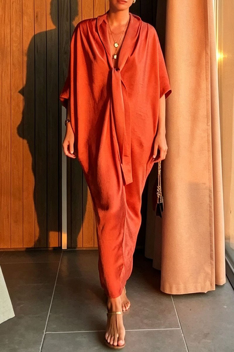 Tie Neck Short Sleeve Maxi Casual Dress