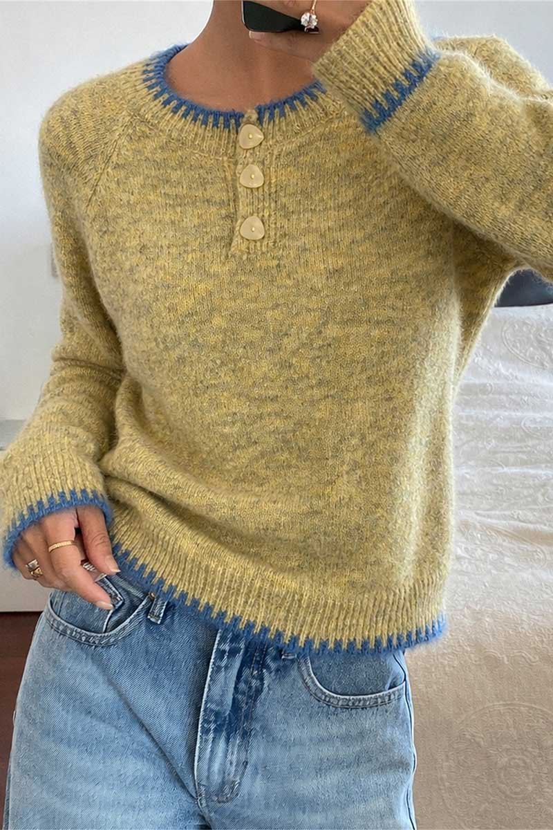Contrast Trim Button Henley Knit Sweater
