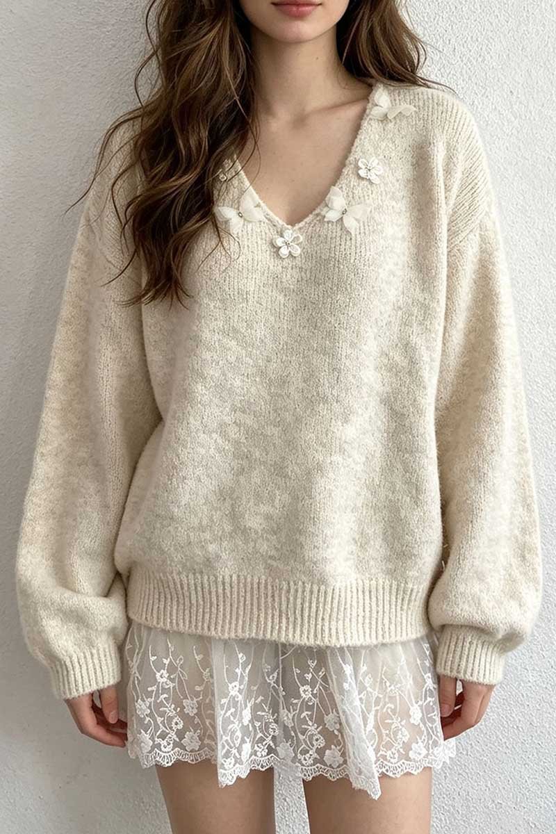 Floral Applique V-Neck Oversized Sweater