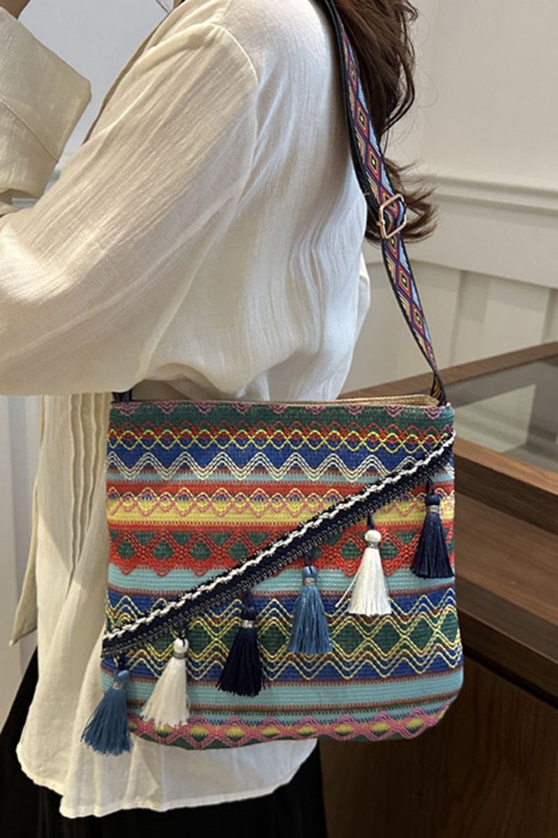 Geometric Woven Tassel Crossbody Bag