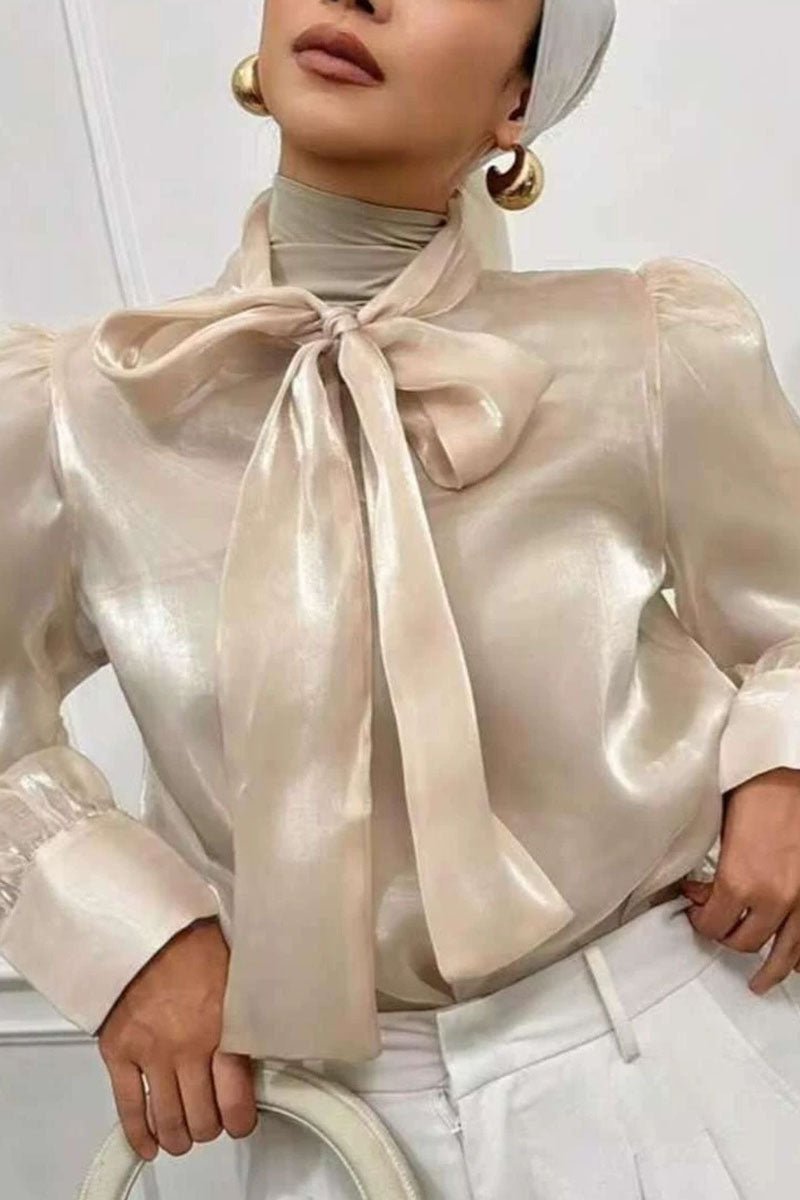 Satin Bow Tie Puff Sleeve Blouse