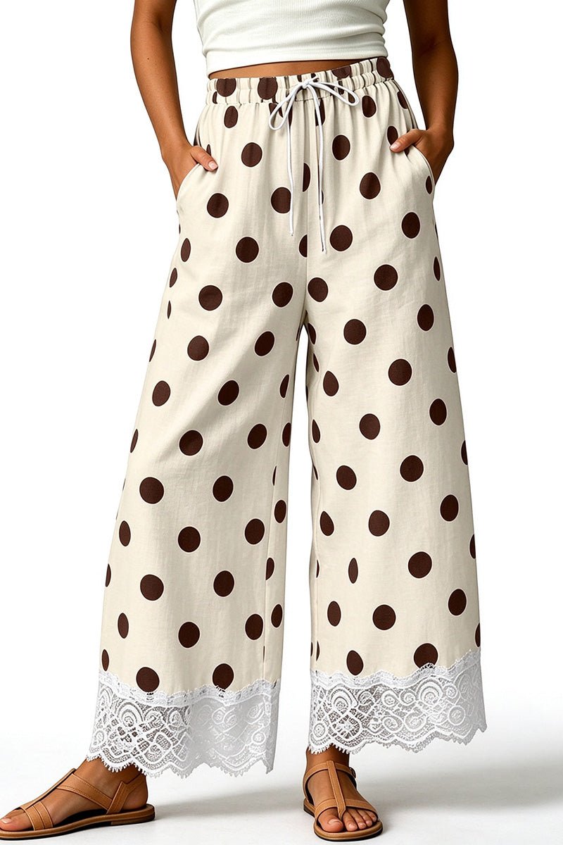 Polka Dot Lace Hem Drawstring Wide Leg Pants