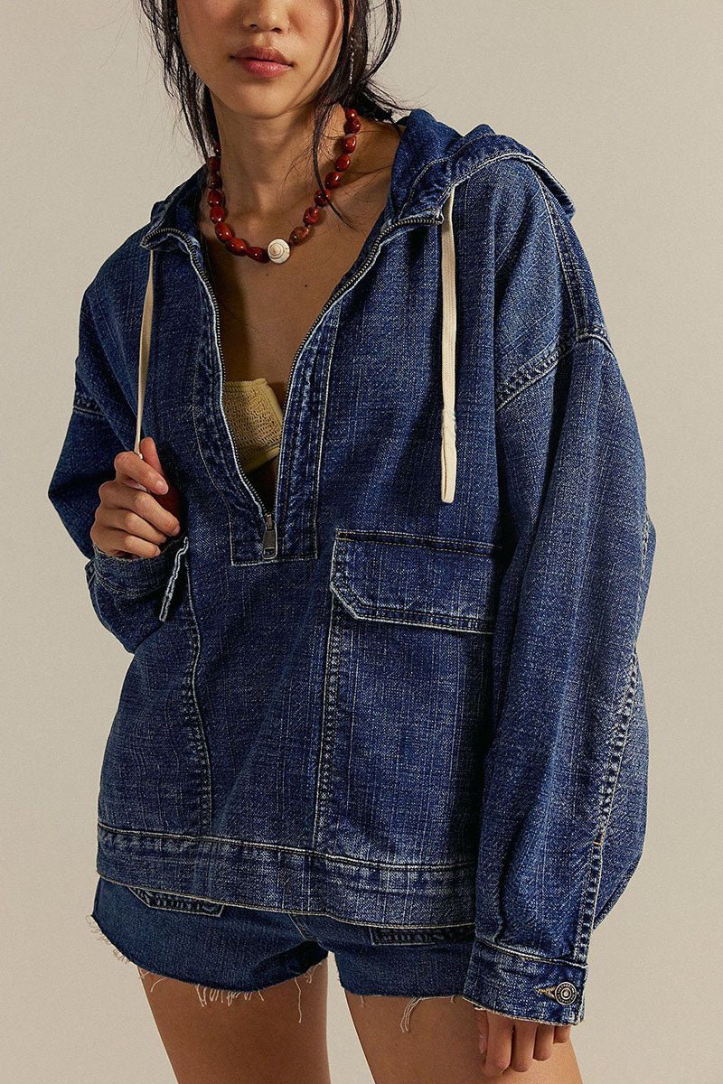 Drawstring Hood Zip Front Denim Hoodie