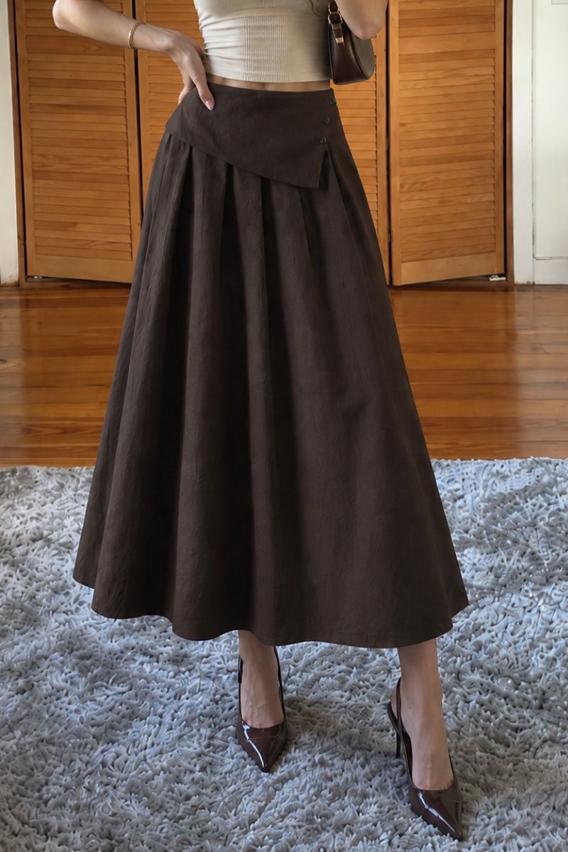 Asymmetric Wrap Button A-Line Midi Skirt
