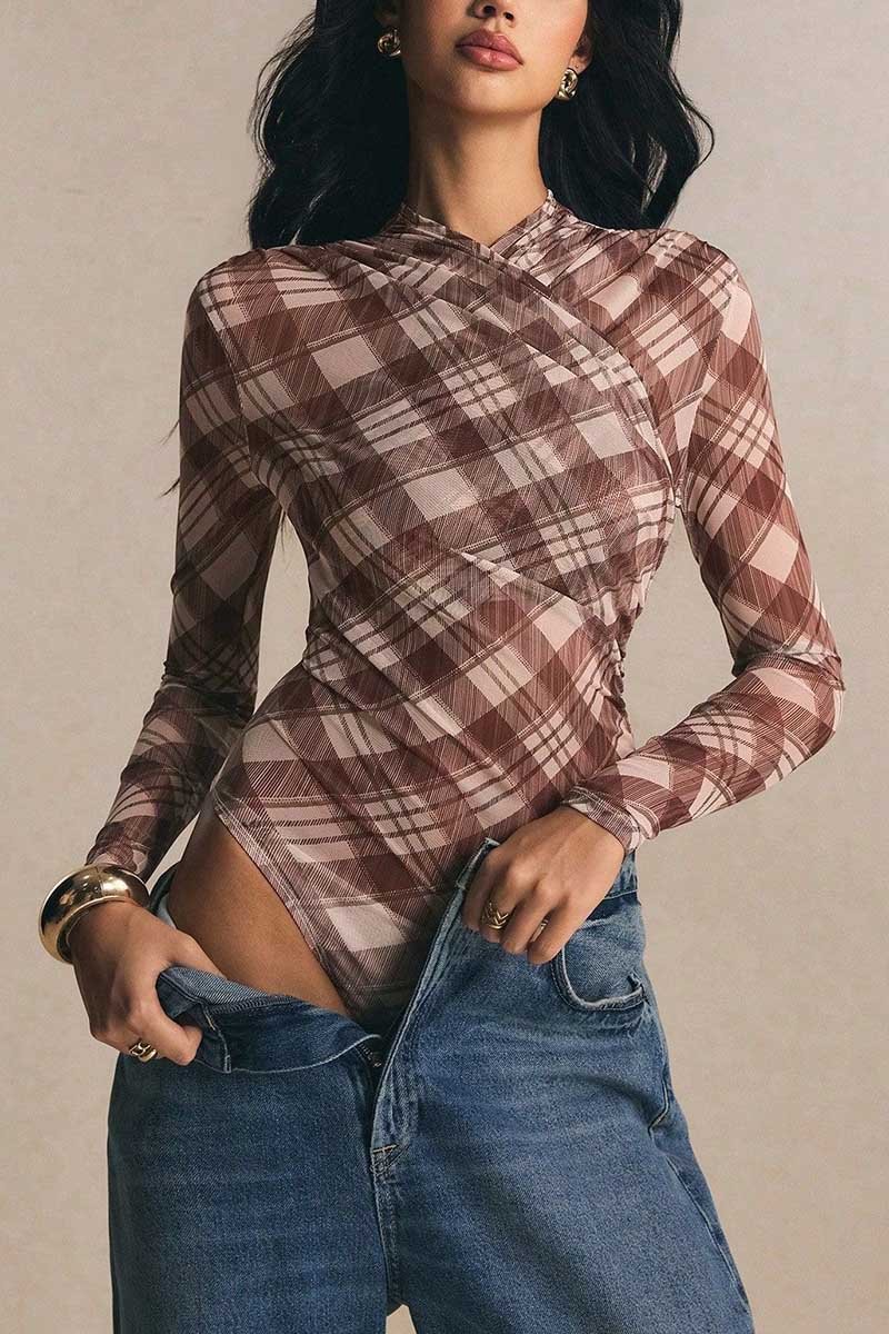 Sheer Plaid Mock Neck Long Sleeve Bodysuit