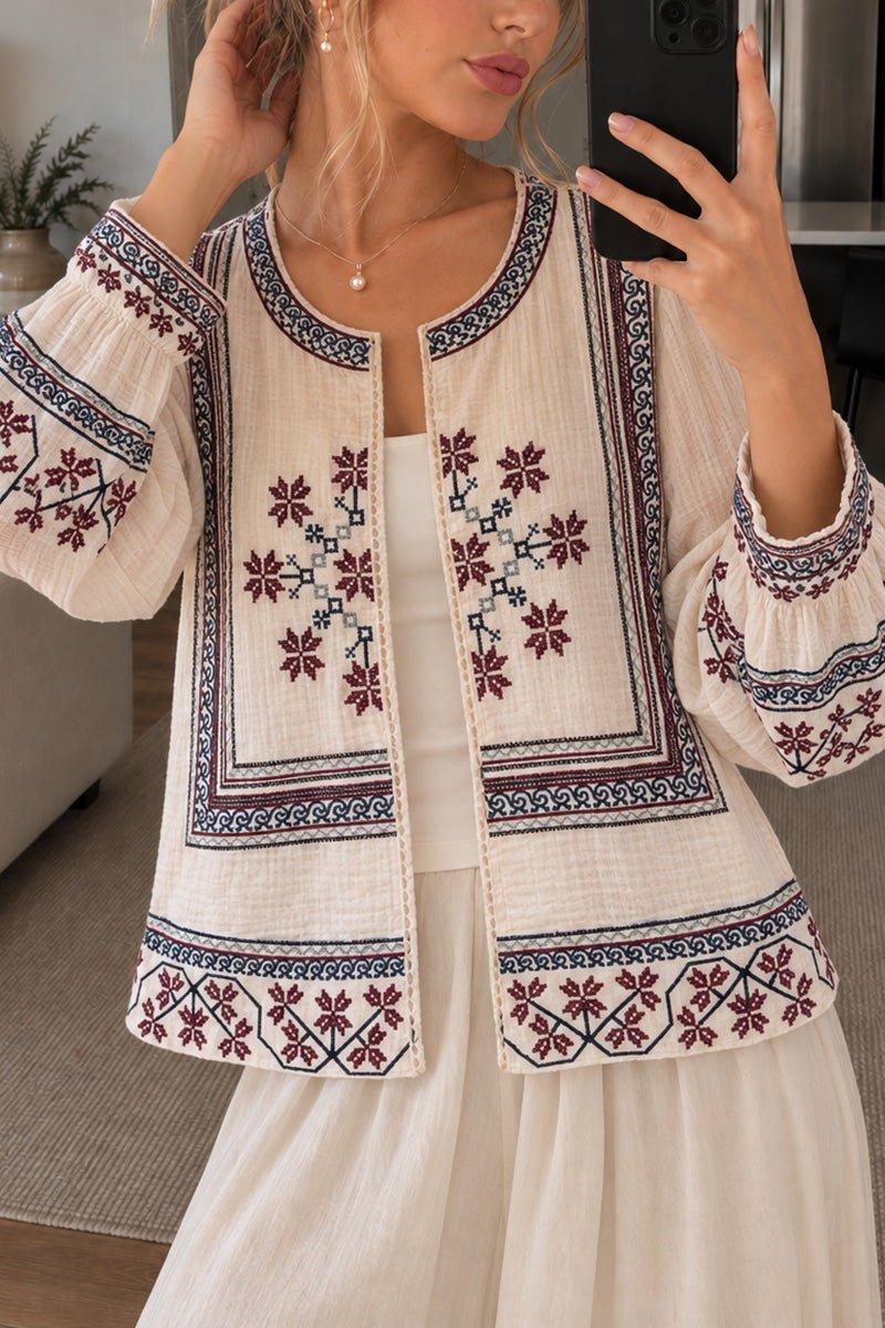 Geometric Bell Sleeve Open Front Blouse