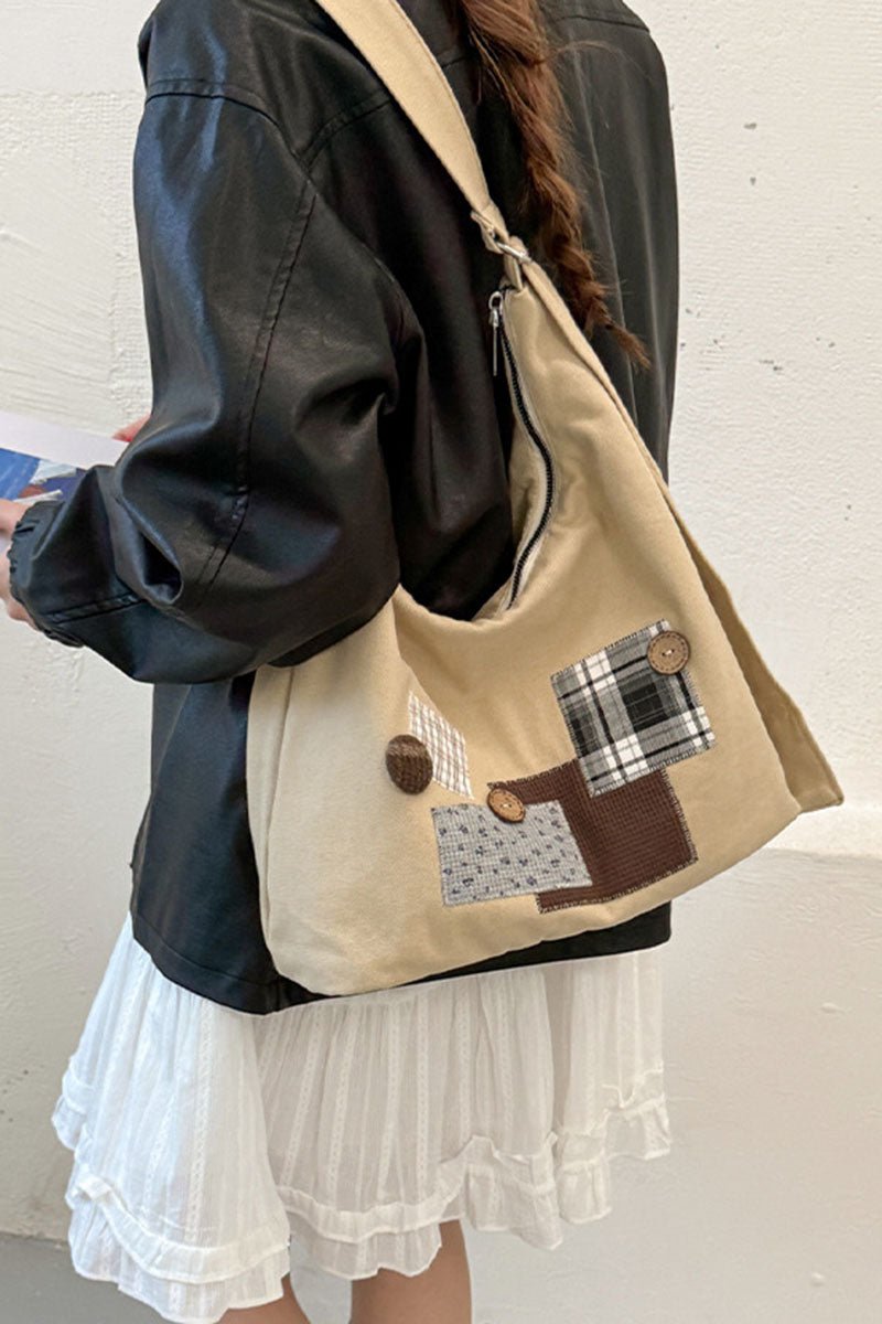 Patchwork Plaid Button Crossbody Bag