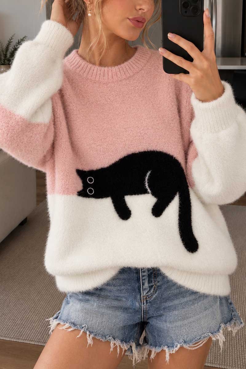 Cat Intarsia Crew Neck Colorblock Sweater