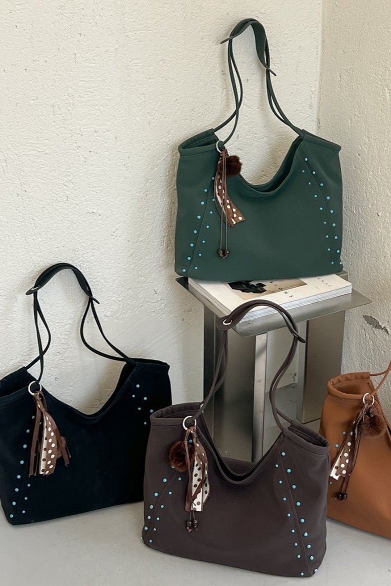 Studded Slouchy Hobo Bag with Tassel Charm
