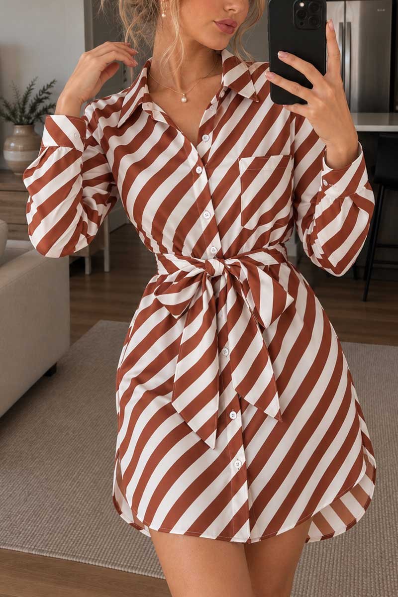 Striped Long Sleeve Tie Waist Casual Dress