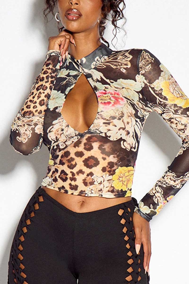 Sheer Floral Cutout Long Sleeve Crop Top