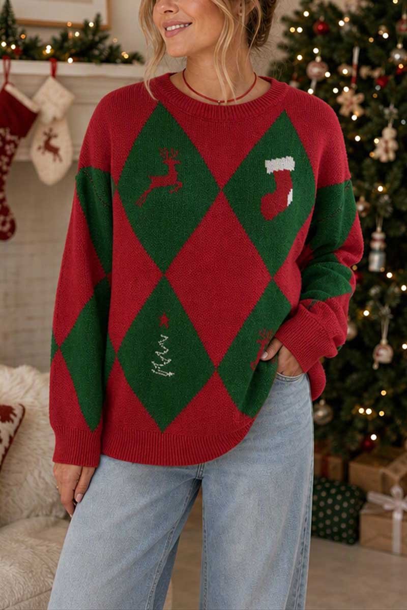 Argyle Graphic Crew Neck Knit Sweater