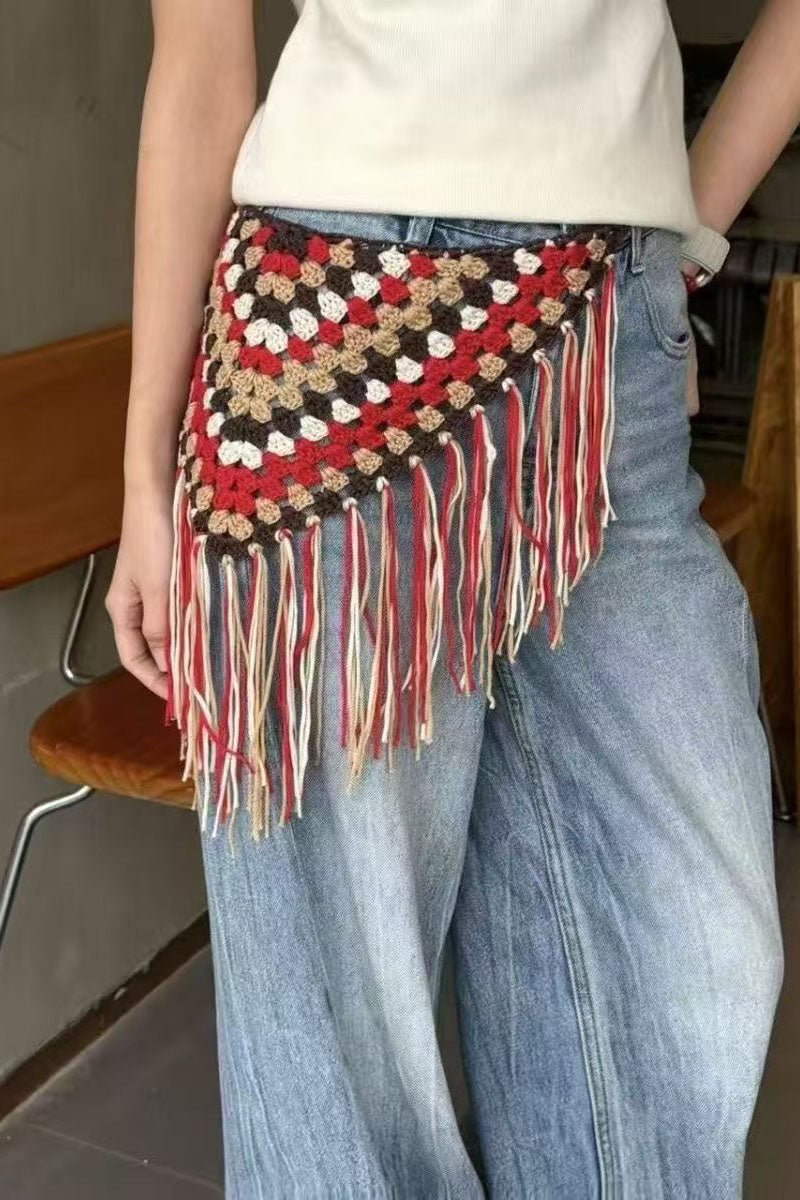 Crochet Geometric Fringe Tie Waist Belt