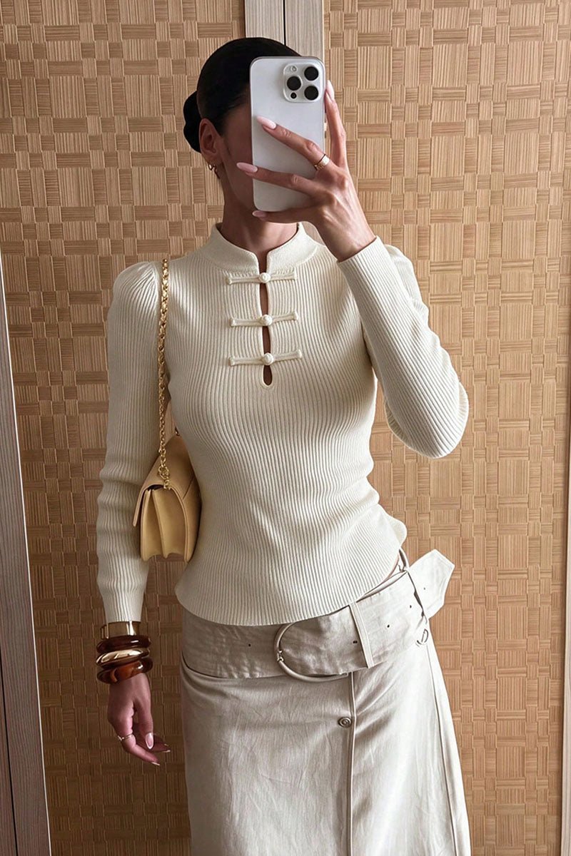 Ribbed Mock Neck Frog Button Sweater